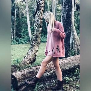 Show Me Your MuMu Tamaya Distressed Ripped‎ Sweater in Mulberry Small